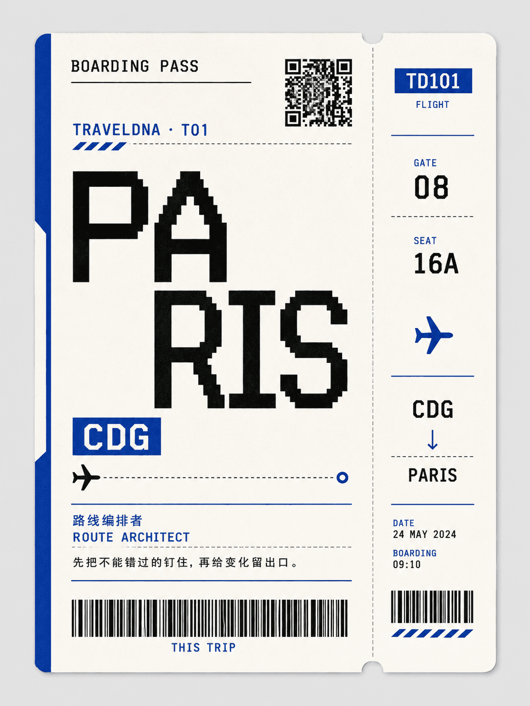 PARIS · 路线编排者 TravelDNA 人格机票卡