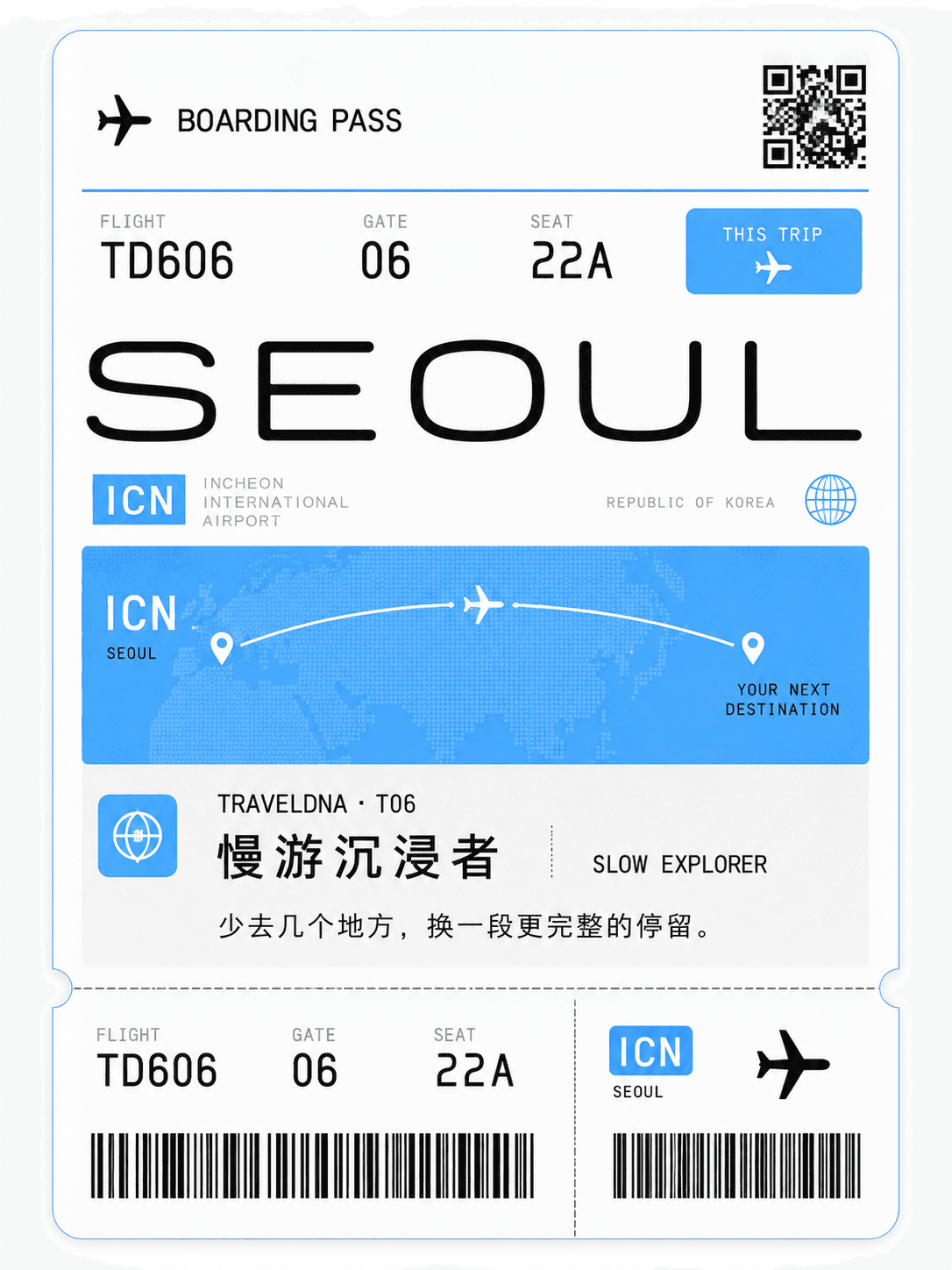 SEOUL · 慢游沉浸者 TravelDNA 人格机票卡